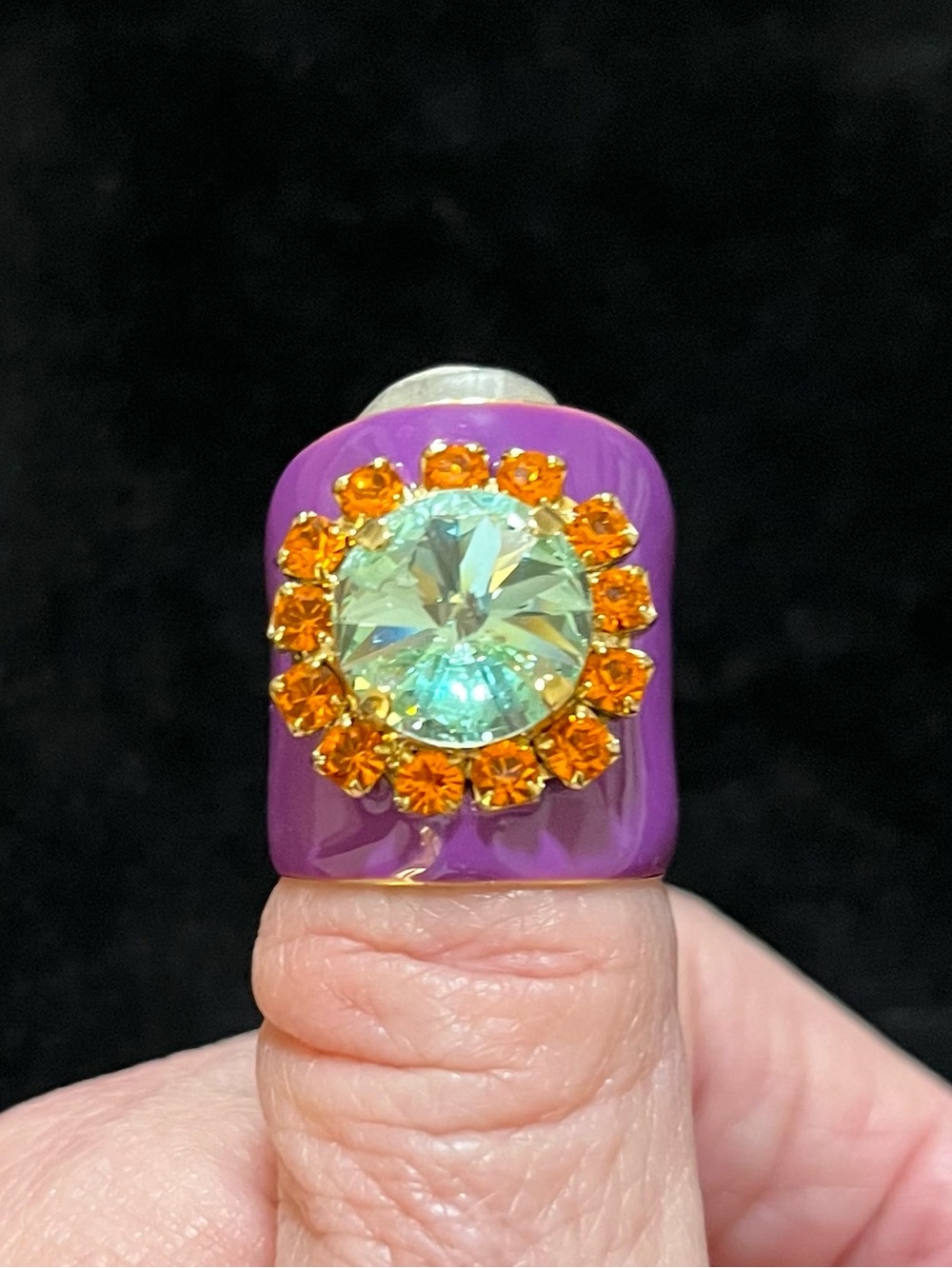 TOVA Jacci Electric Purple Enamel Ring Aqua Center Orange Crystals New